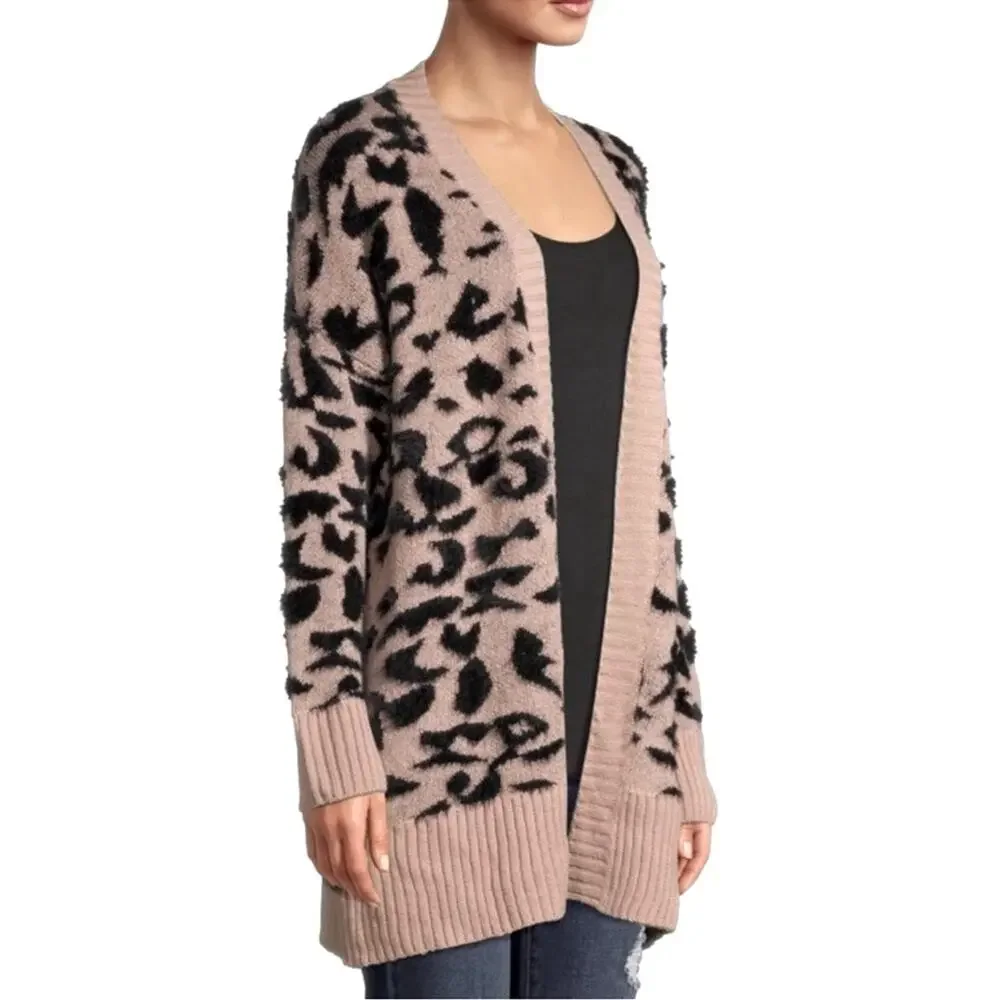 Leopard Print Open Cardigan S M Cozy Oversized Soft Knit Sweater